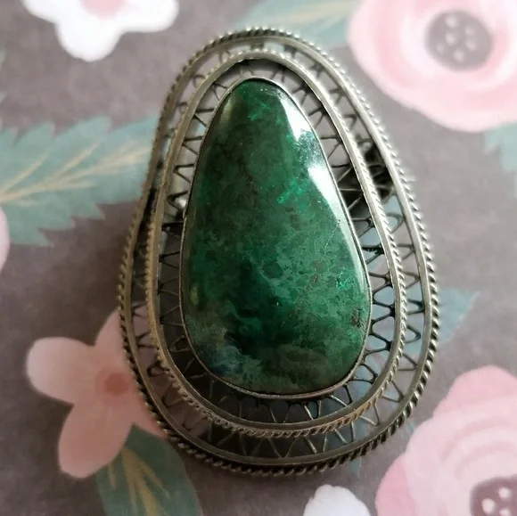 Relisted -Vintage Eilat stone brooch pin silver filigree Israel - Picture 1 of 7